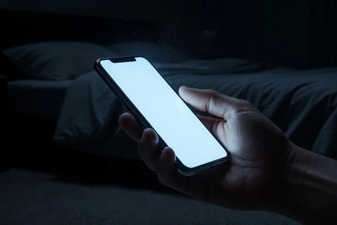 Main tenant un smartphone la nuit, écran allumé dans l'obscurité d'une chambre