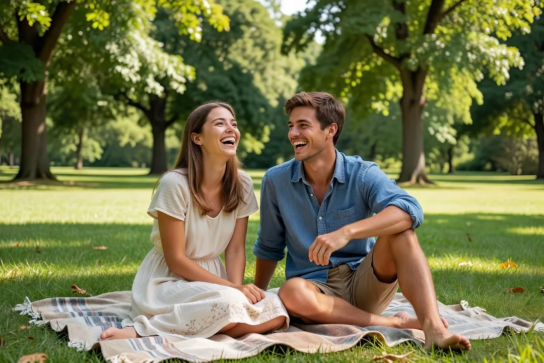 Un jeune homme et une jeune femme riant ensemble en pique-nique dans un parc