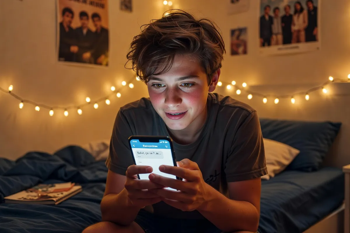 Jeune personne utilisant une application de rencontre sur son téléphone, ambiance lumineuse