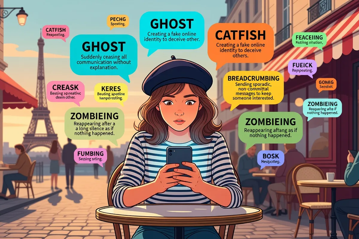 Tableau de termes de dating apps sur fond blanc avec définitions courtes, design éditorial