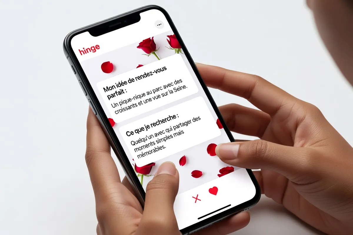 Interface Hinge 2026 avec les prompts créatifs et le système de likes commentés