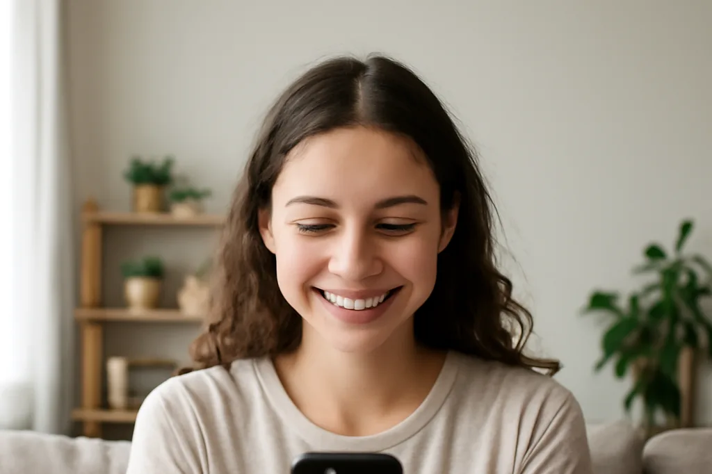 Jeune femme souriante regardant son téléphone dans un salon lumineux