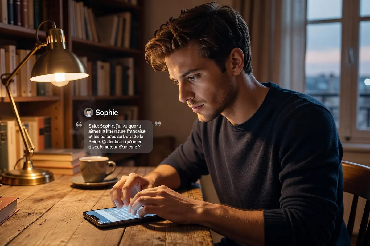 Jeune homme consultant son téléphone pour rédiger un premier message sur une app de rencontre
