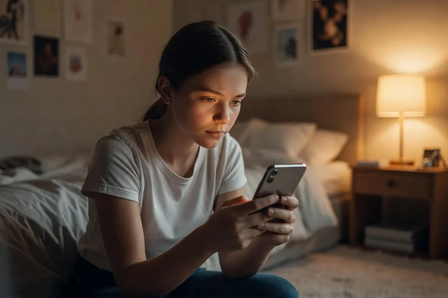 Jeune utilisatrice consultant une app de rencontre avec attention