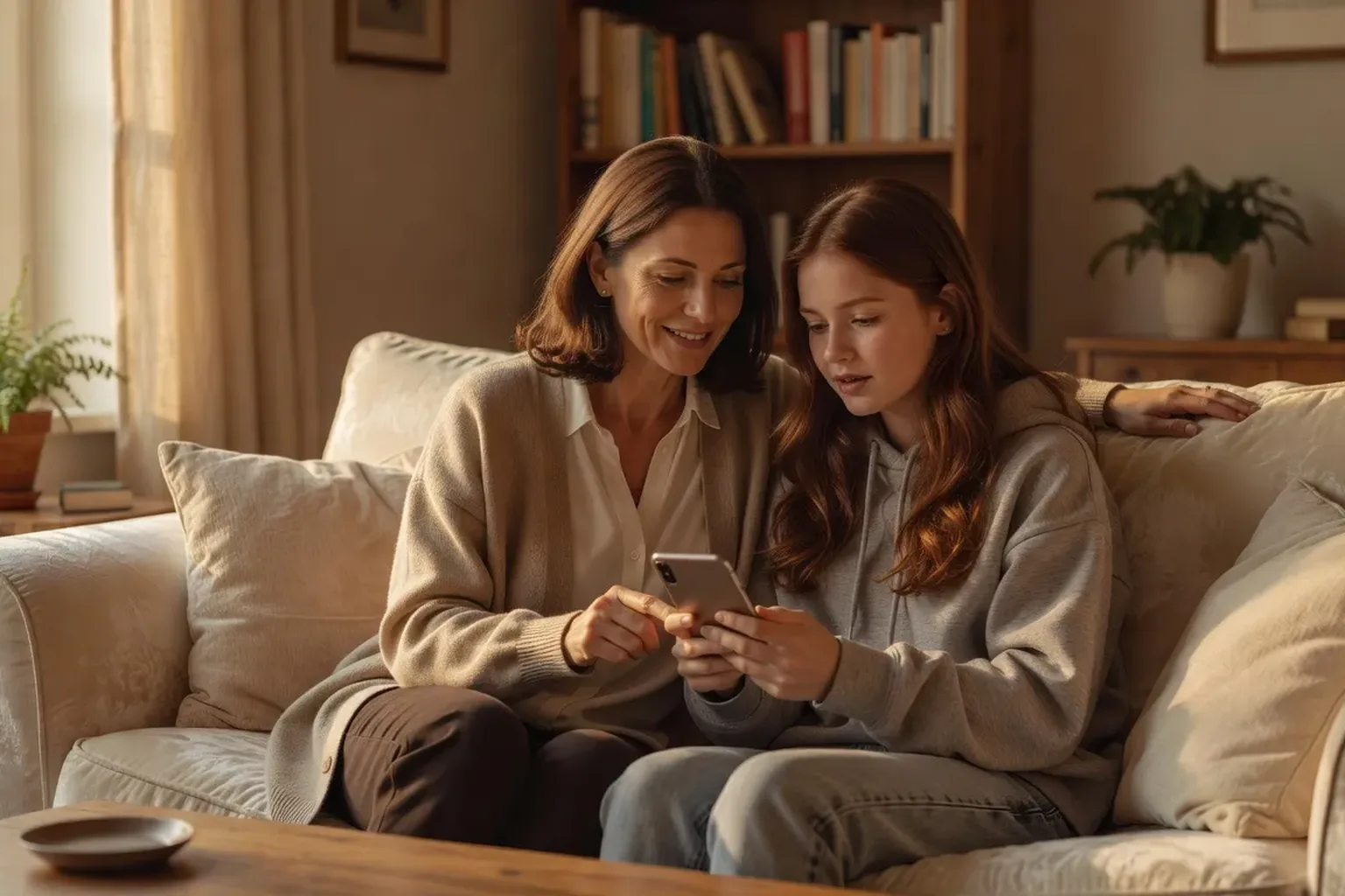 Parents et ado discutant ensemble de l'usage du smartphone
