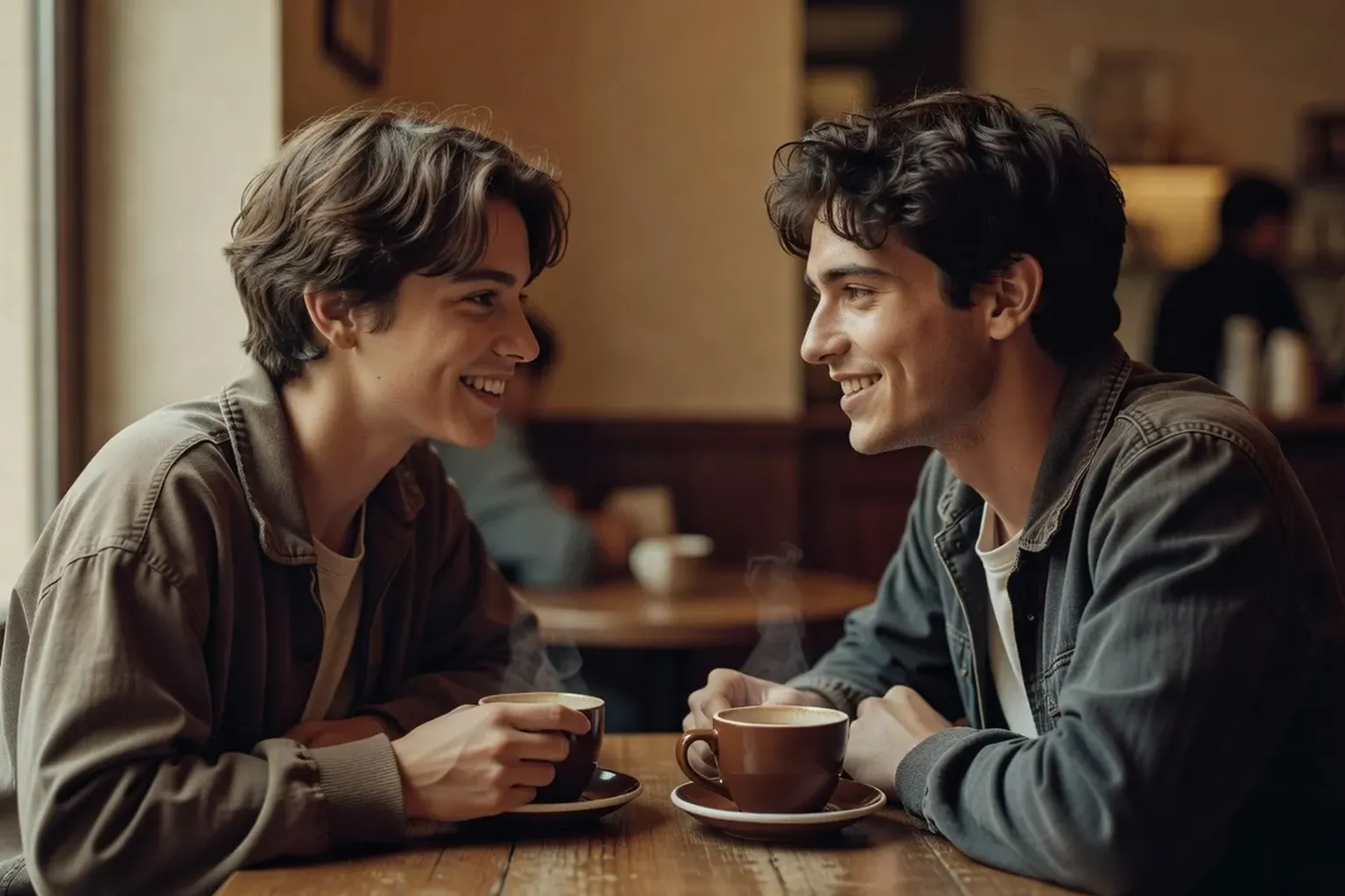 Deux jeunes adultes discutent dans un café lors d'un premier rendez-vous