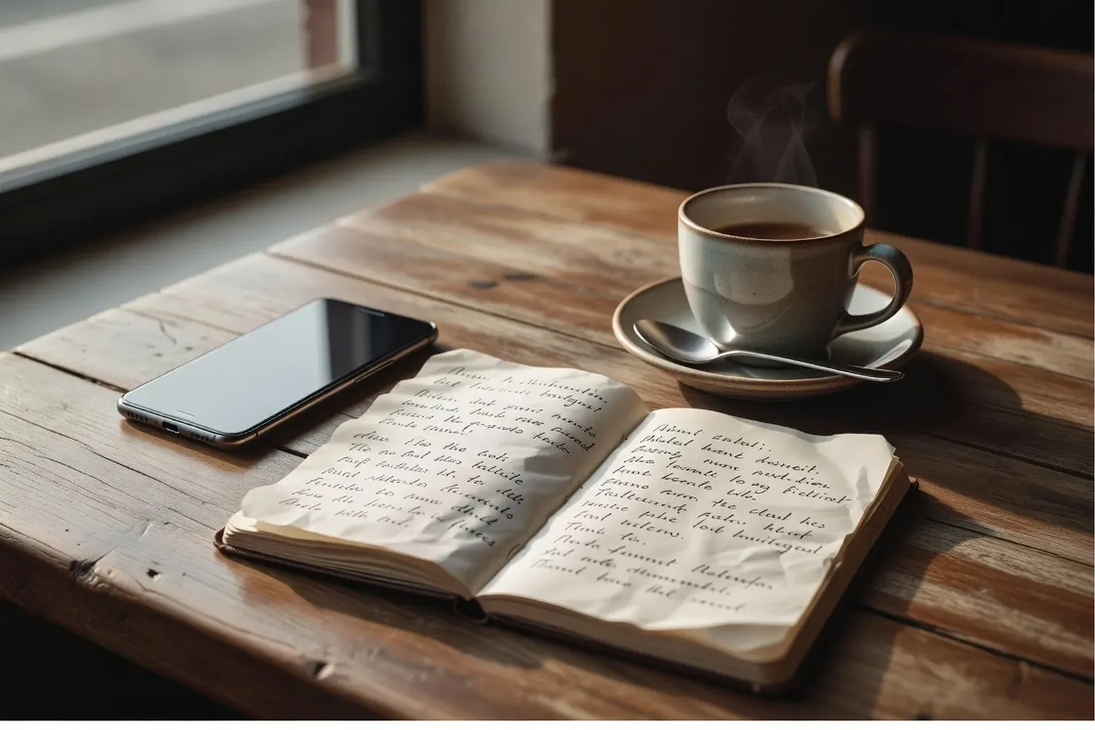 Un téléphone posé face cachée à côté d'un carnet et d'une tasse