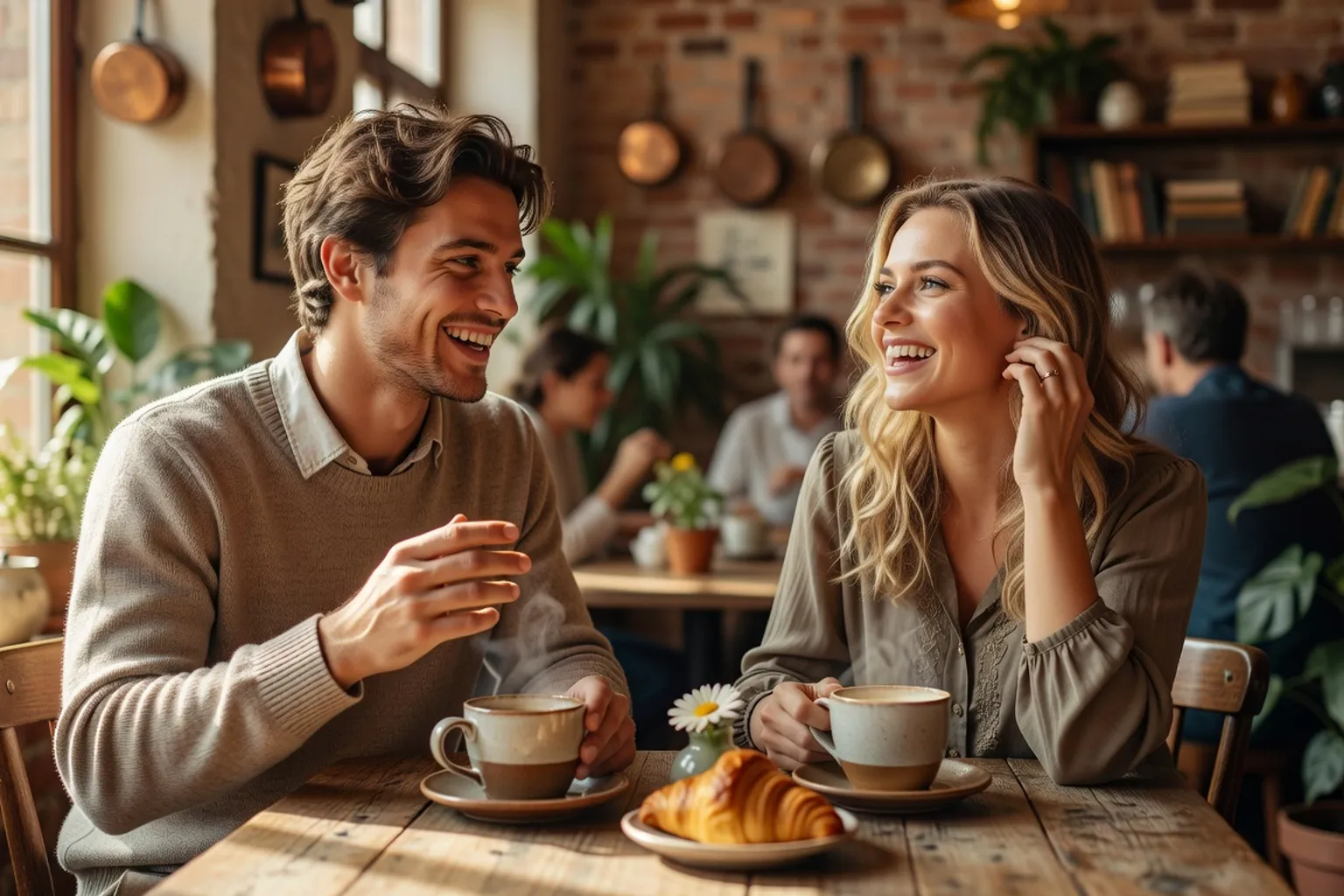 Jeune couple lors d'un premier rendez-vous dans un cafe chaleureux