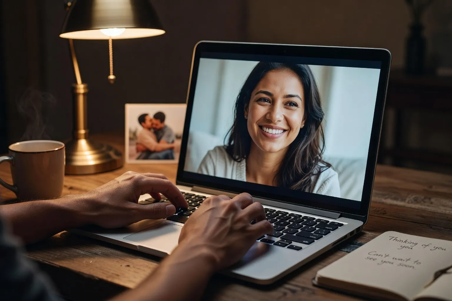Couple en appel video souriant, illustration d'une relation a distance