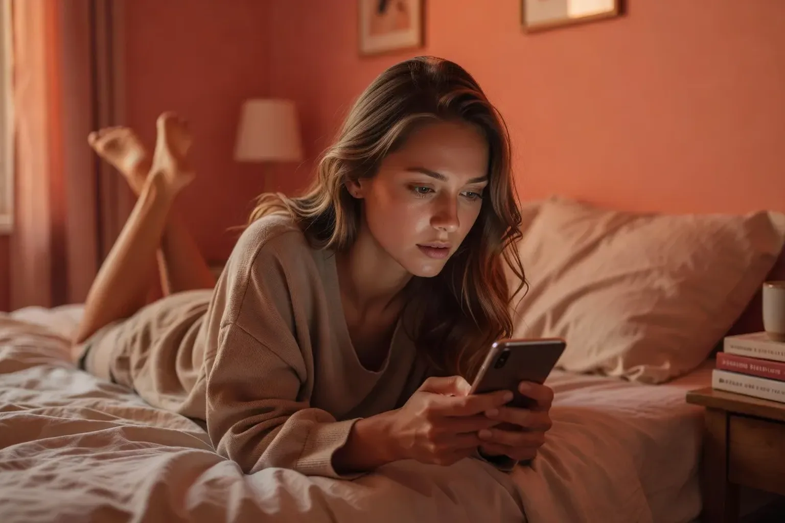 Jeune femme regardant son telephone, expression d'anxiete face aux apps de rencontre