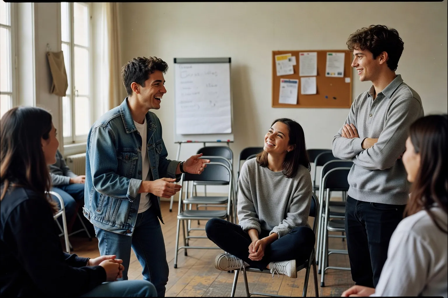 Jeunes adultes discutant après un cours collectif dans une salle associative