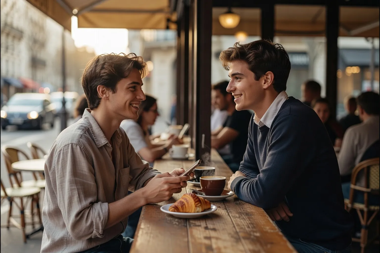 Deux jeunes adultes échangeant leurs numéros après une discussion dans un café