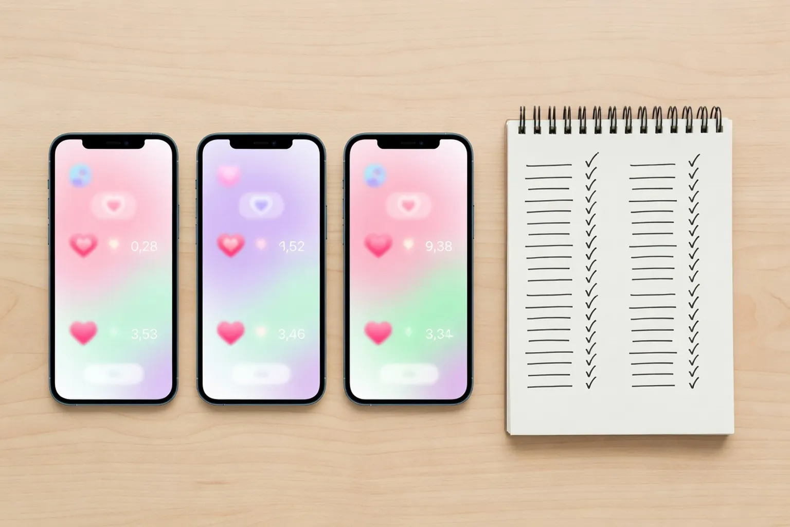 Écran comparatif de likes gratuits et options premium sur six applications de rencontre