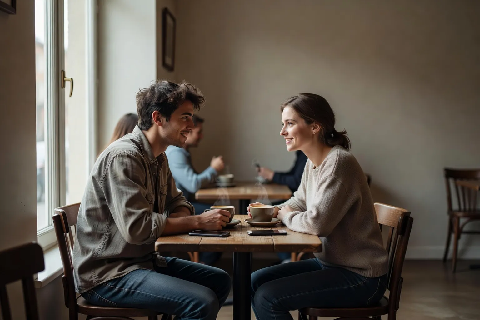 Deux jeunes adultes discutant dans un café calme lors d'un premier rendez-vous court
