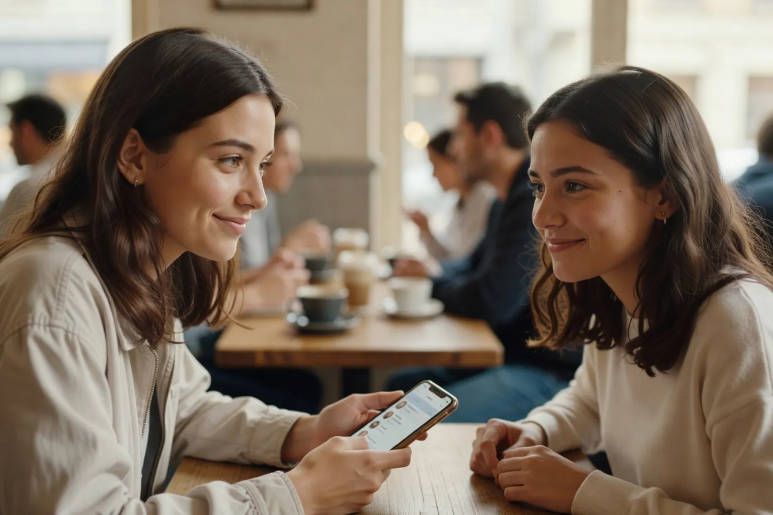 Jeunes adultes se rencontrant dans un café après un échange sur application