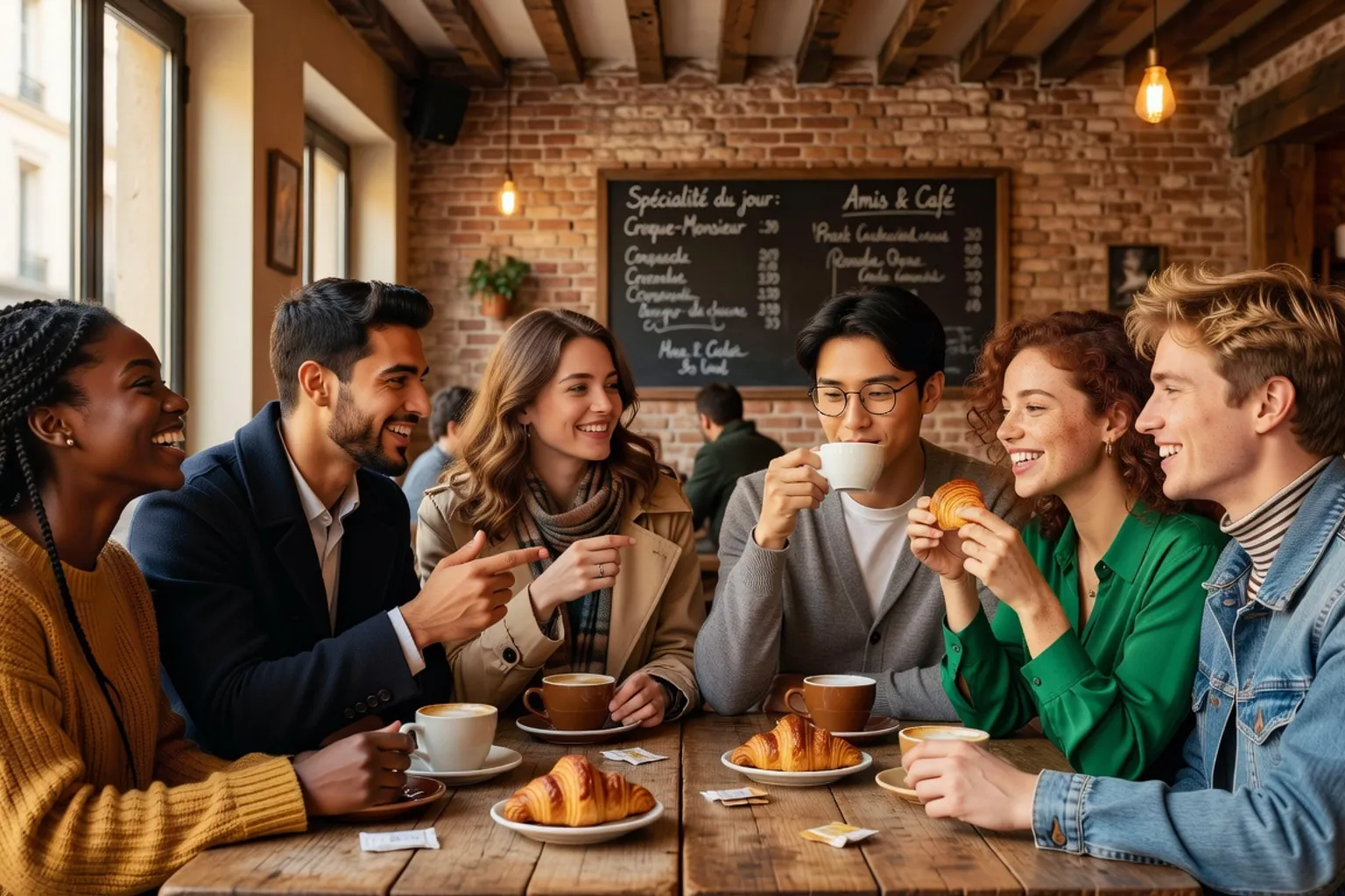 Groupe de jeunes discutant autour d'un cafe apres s'etre rencontres en ligne