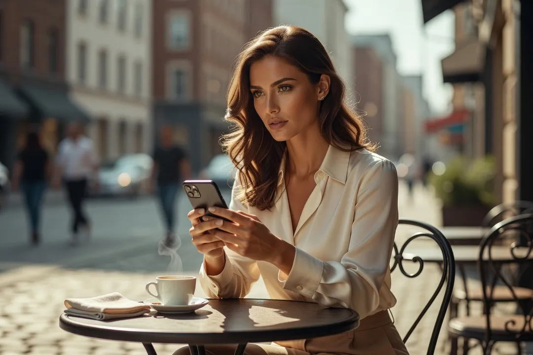 Jeune femme utilisant une application de rencontre en terrasse de café
