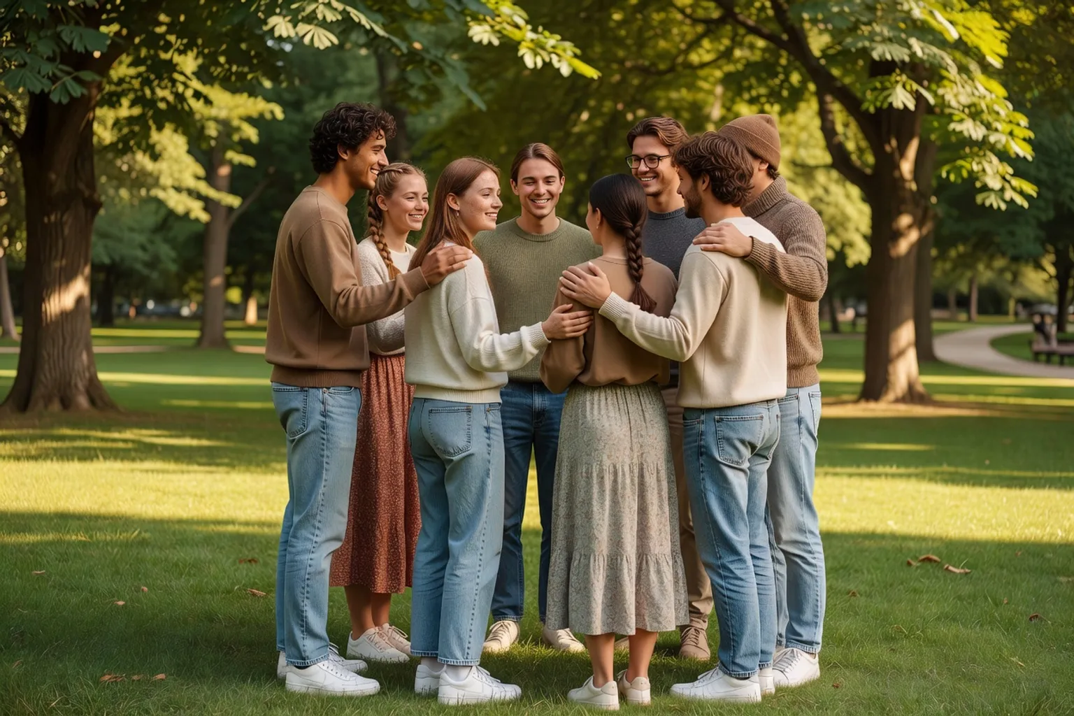 Groupe de jeunes amis soudés ensemble dans un parc