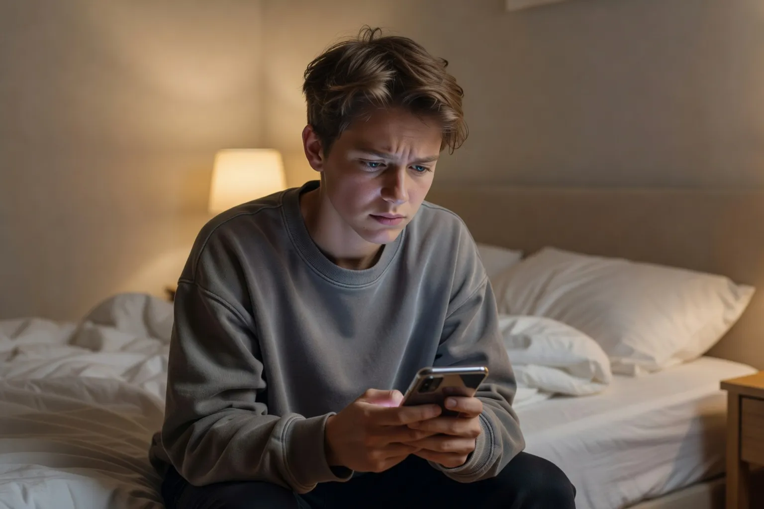 Jeune regardant son téléphone avec déception dans sa chambre