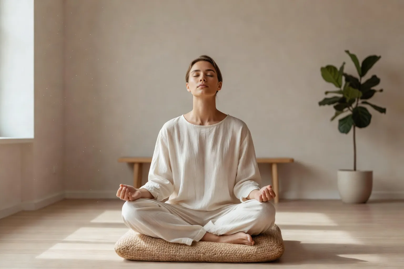 Jeune pratiquant la méditation dans une pièce lumineuse