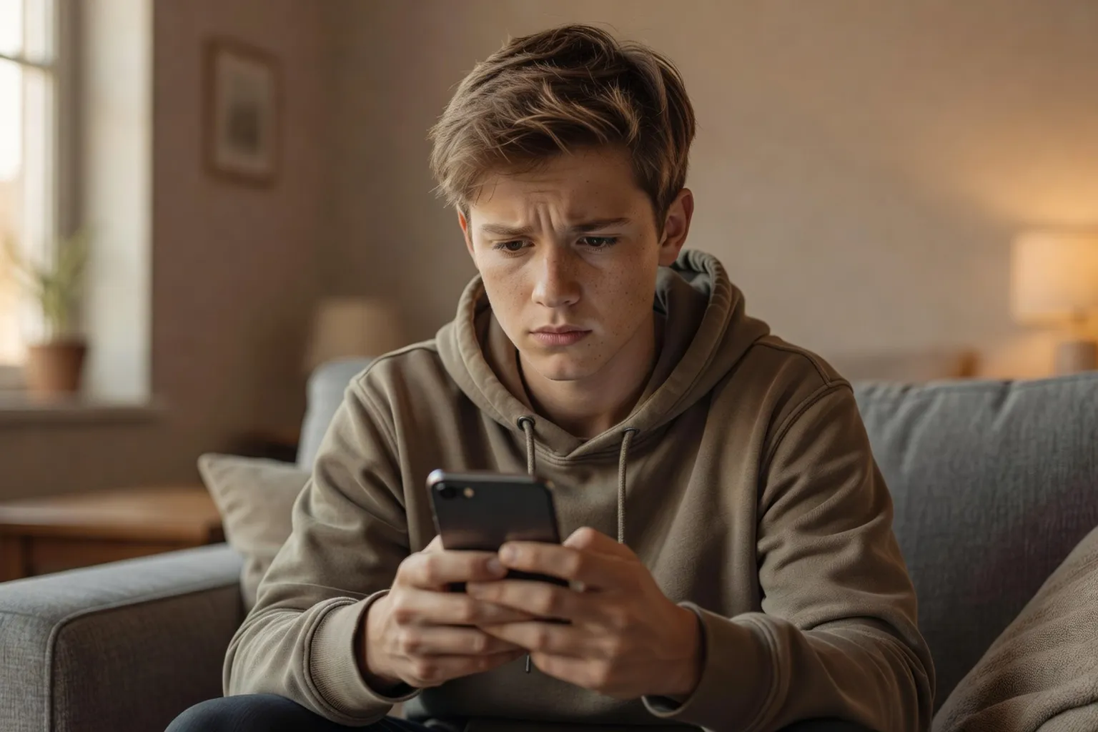 Adolescent regardant son téléphone avec inquiétude dans le salon