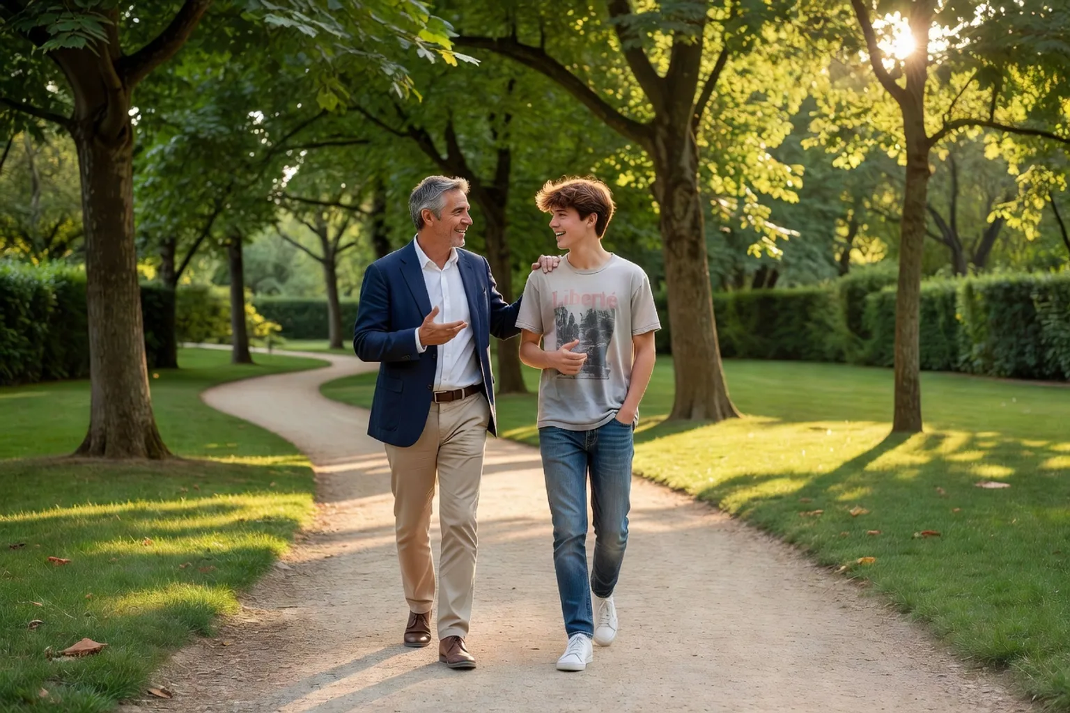 Parent et adolescent marchant ensemble dans un parc en discutant