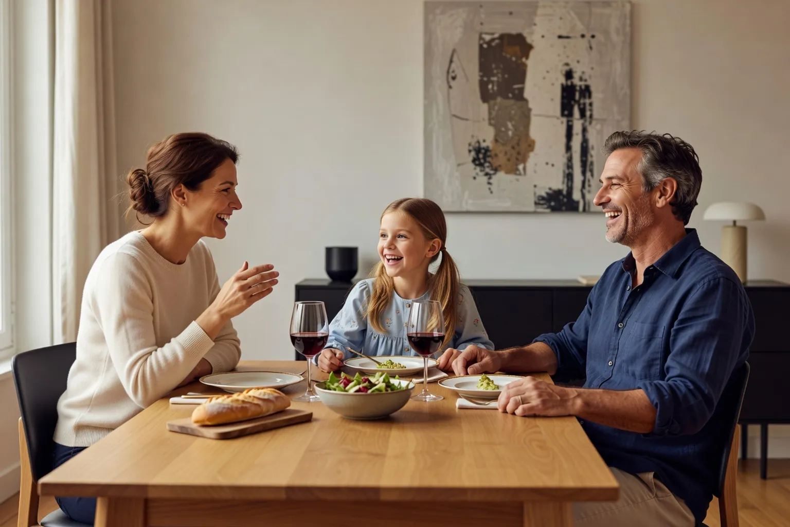 Famille discutant autour d'une table pendant un repas