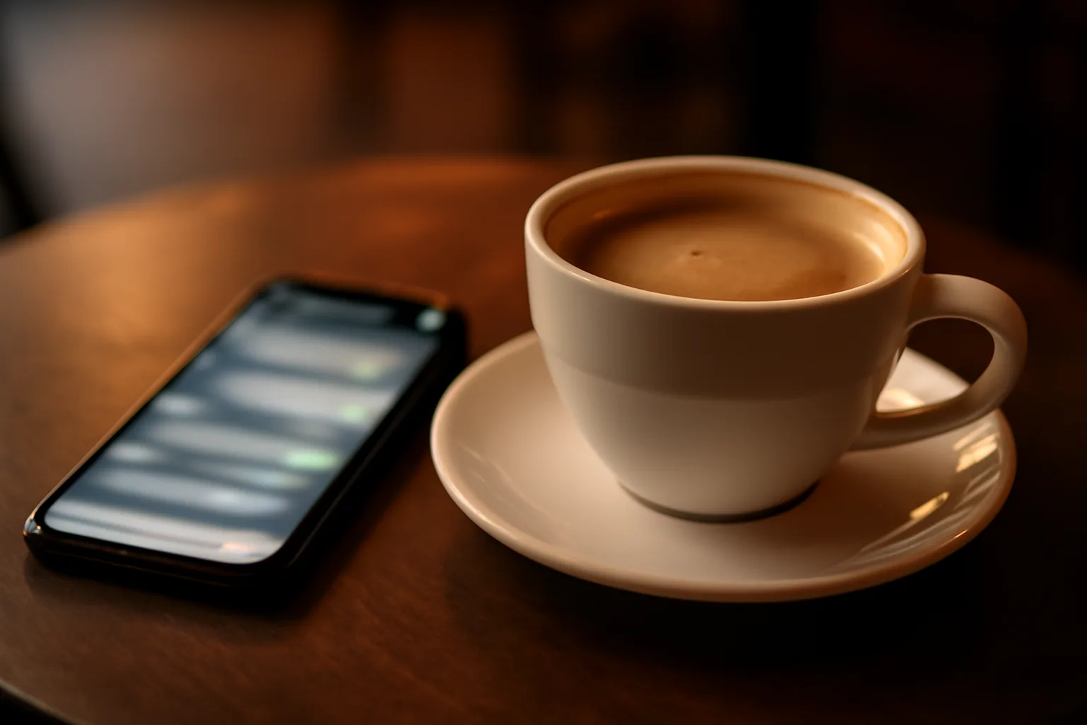 Smartphone posé près d'une tasse de café sur une table, écran allumé sur une conversation de messagerie