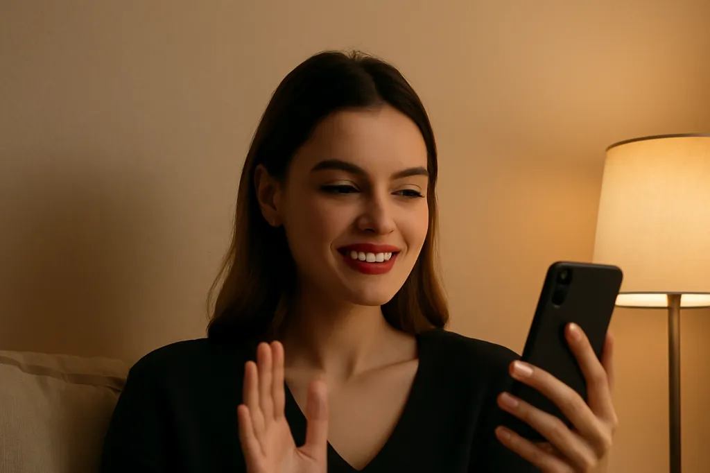 Jeune femme souriante lors d'un appel vidéo sur son smartphone